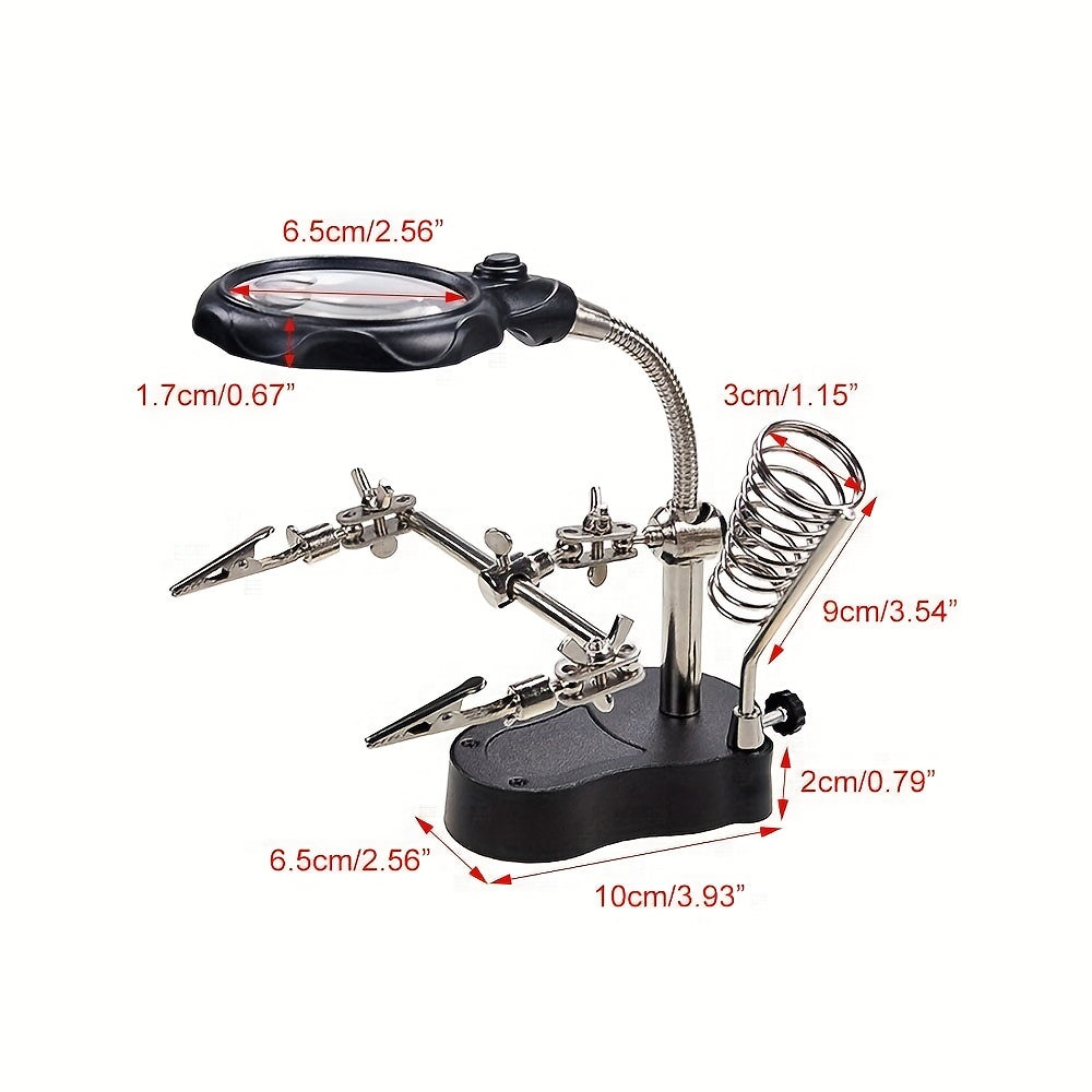 Magnifying glass stand with LED lights, helping hand magnifier for soldering work including auxiliary clamp and clips.