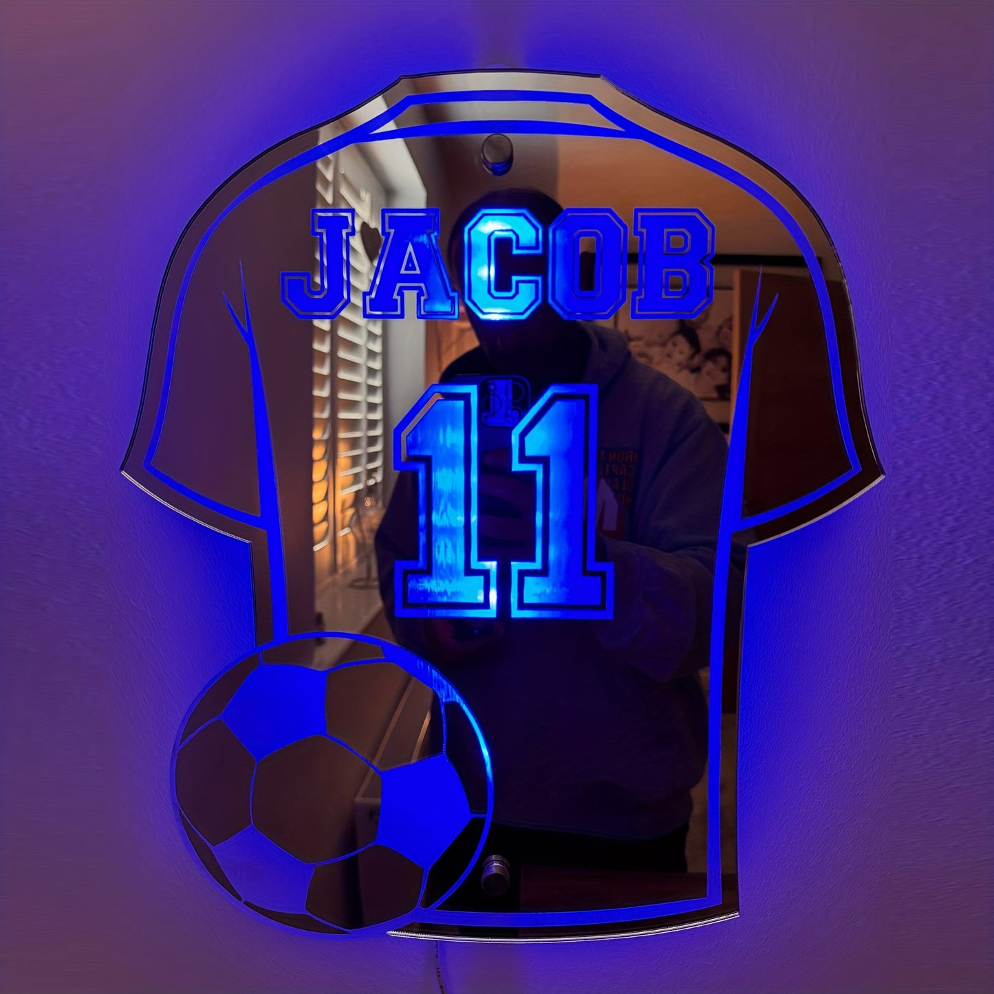 Personalized soccer fan LED wall light with custom name and jersey design, USB powered, multi-color neon night light for boys' room. Great gift for Christmas, Halloween, birthdays.