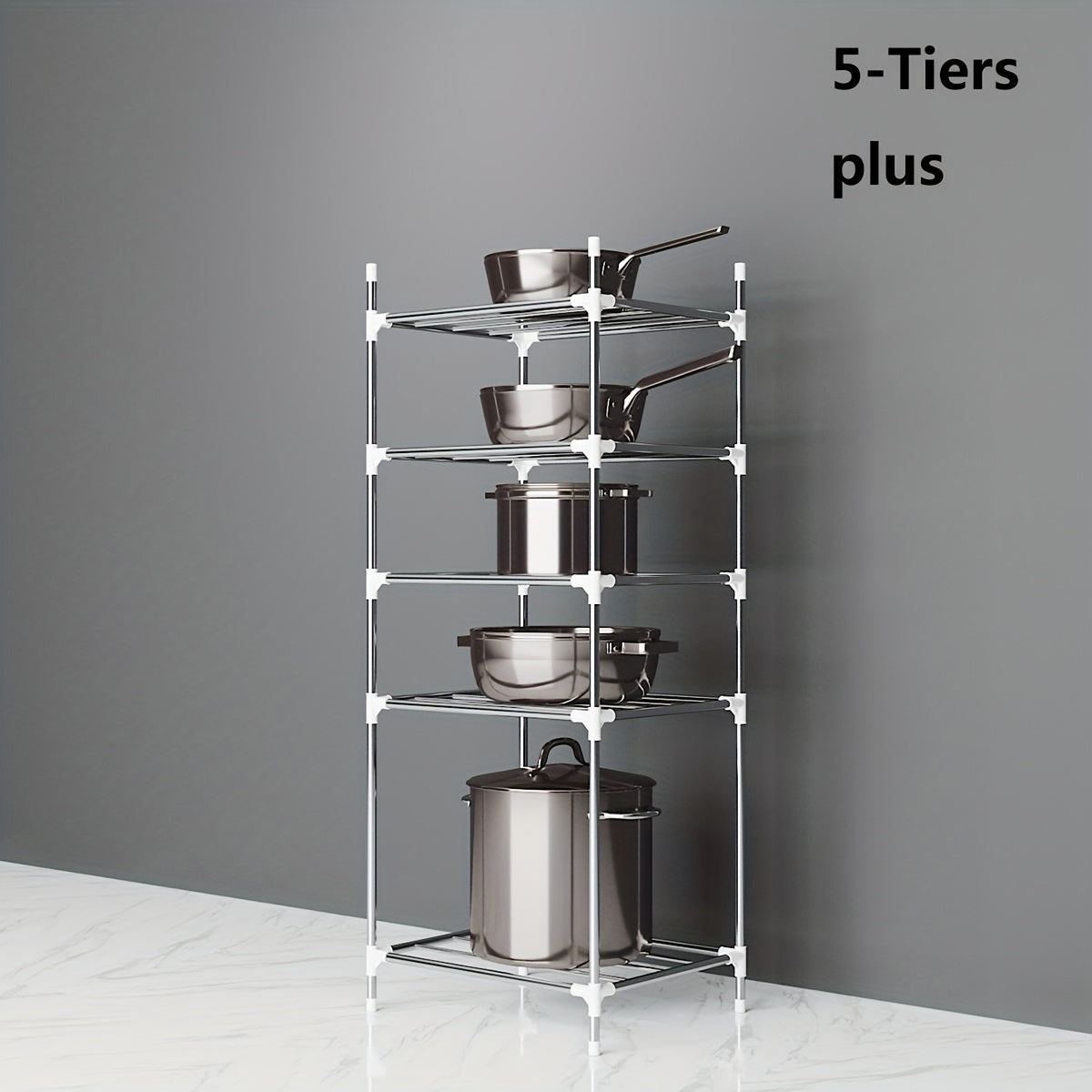 Multi-tier stainless steel storage shelf, ideal for organizing kitchen, bathroom, balcony, and rest room. Perfect for storing cookware, tableware, oven, microwave oven, and basin.