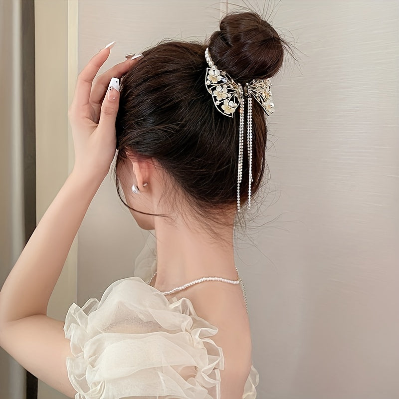 1pc Elegant Flower & Butterfly Tassels Hair Clip, Ideal for Party Holiday Hair Styling, Perfect Gift for Girls