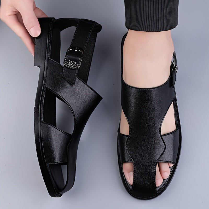 Men's comfy non-slip sandals with split cow leather upper and rubber sole, ideal for summer.