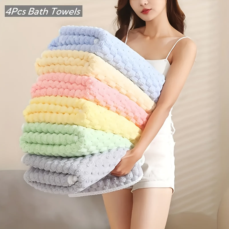 4pc Waffle Weave Towel Set with Microfiber, Quick-Dry, Soft, Durable, 85% Polyester, 15% Nylon - Contemporary Geometric-Pattern Oblong Towels & Wash Cloths