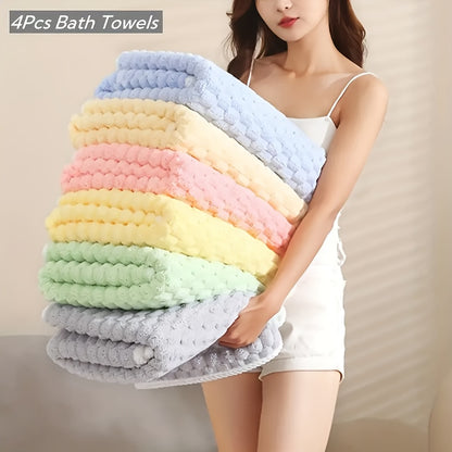 4pc Waffle Weave Towel Set with Microfiber, Quick-Dry, Soft, Durable, 85% Polyester, 15% Nylon - Contemporary Geometric-Pattern Oblong Towels & Wash Cloths