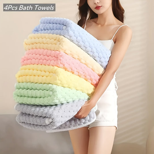 4pc Waffle Weave Towel Set with Microfiber, Quick-Dry, Soft, Durable, 85% Polyester, 15% Nylon - Contemporary Geometric-Pattern Oblong Towels & Wash Cloths