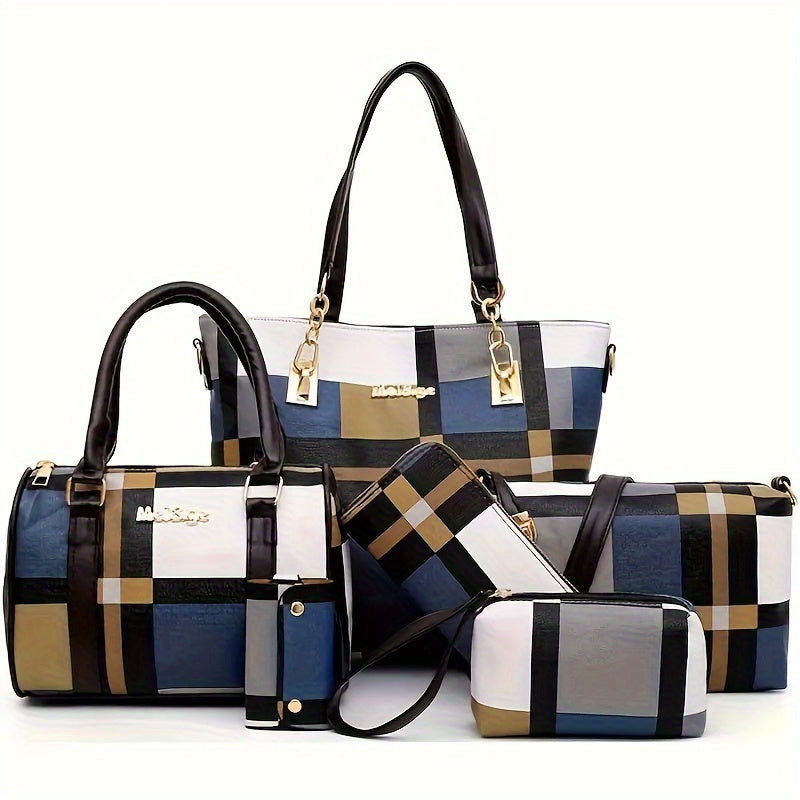 6-piece set of checkered pattern shoulder bags including a handbag, crossbody bag, clutch bag, long wallet, and short wallet.