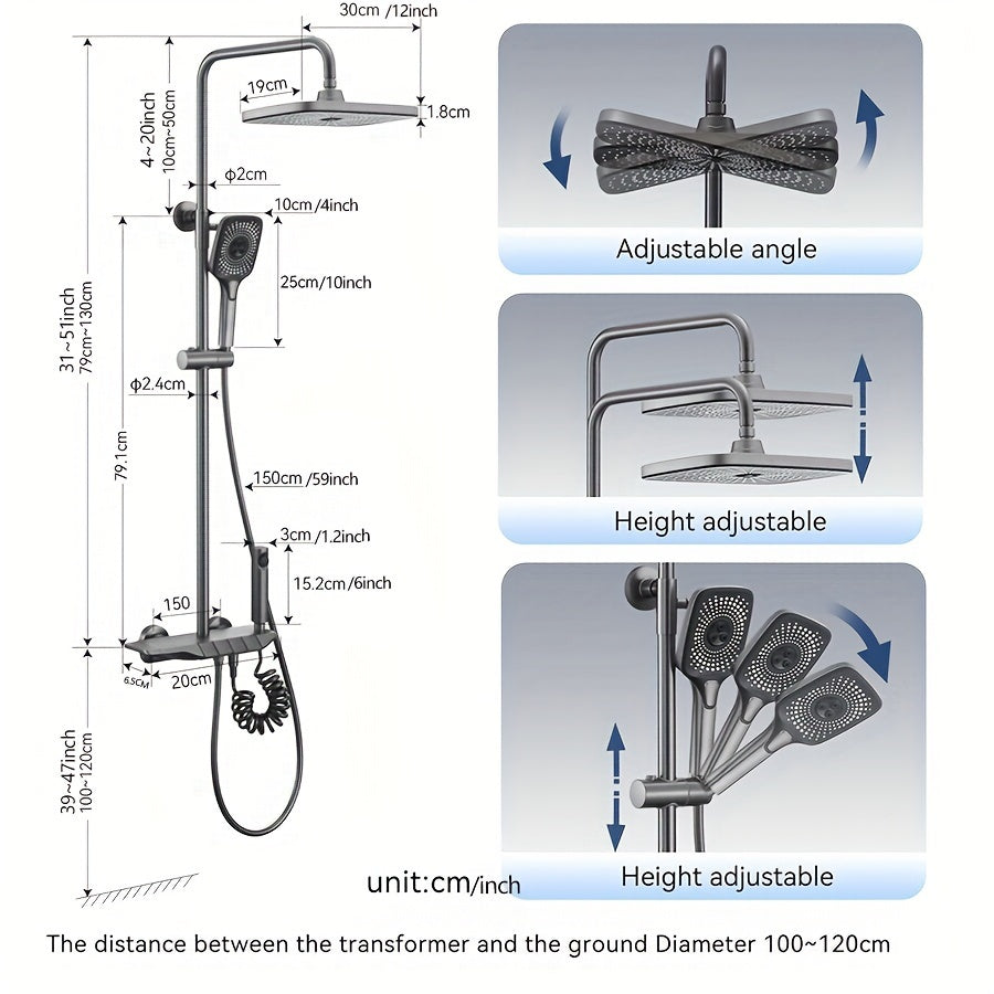 High-pressure shower head set measuring 12 inches with a 4-function handheld shower, crafted from metal and plastic. Does not require electricity or batteries, and includes a temperature display.