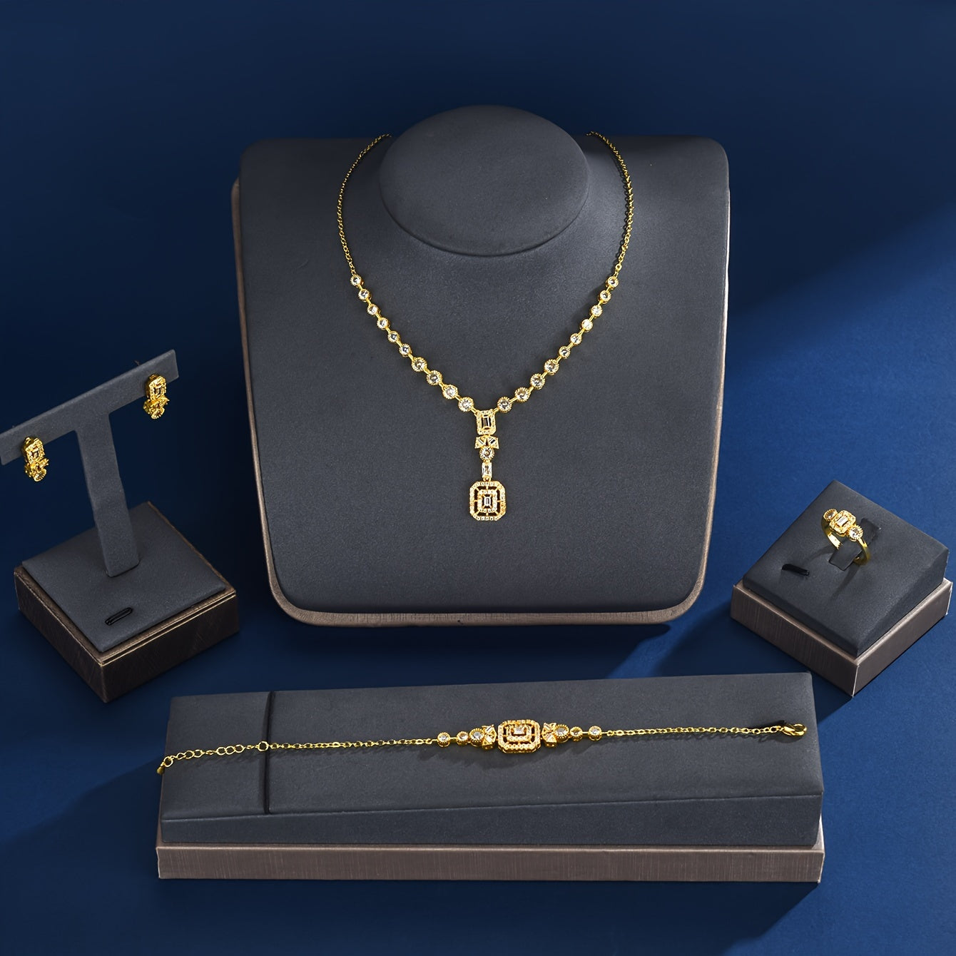 Complete your vacation style with this 5-piece fashion jewelry set for women featuring holiday-themed copper with synthetic zirconia. The set includes a necklace, earrings, bracelet, and ring, perfect for daily wear, parties, weddings, and an ideal