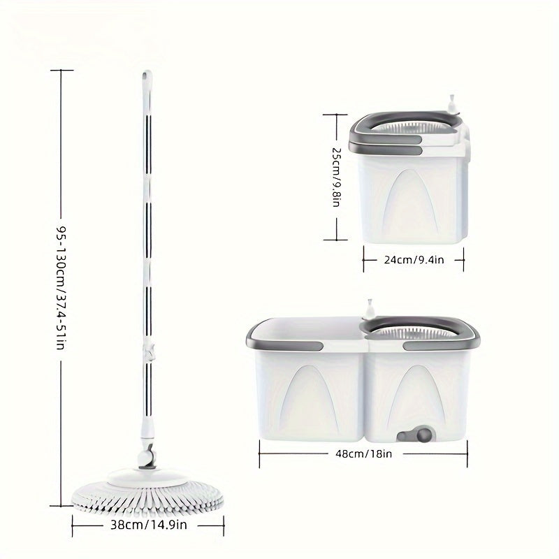 The Home Mop and Bucket Set features a water separation design, 360° rotatable mop, and adjustable stainless steel handle. It includes two ultrafine fiber mop heads and a separable double bucket for a double floor cleaning system. Additionally, this set