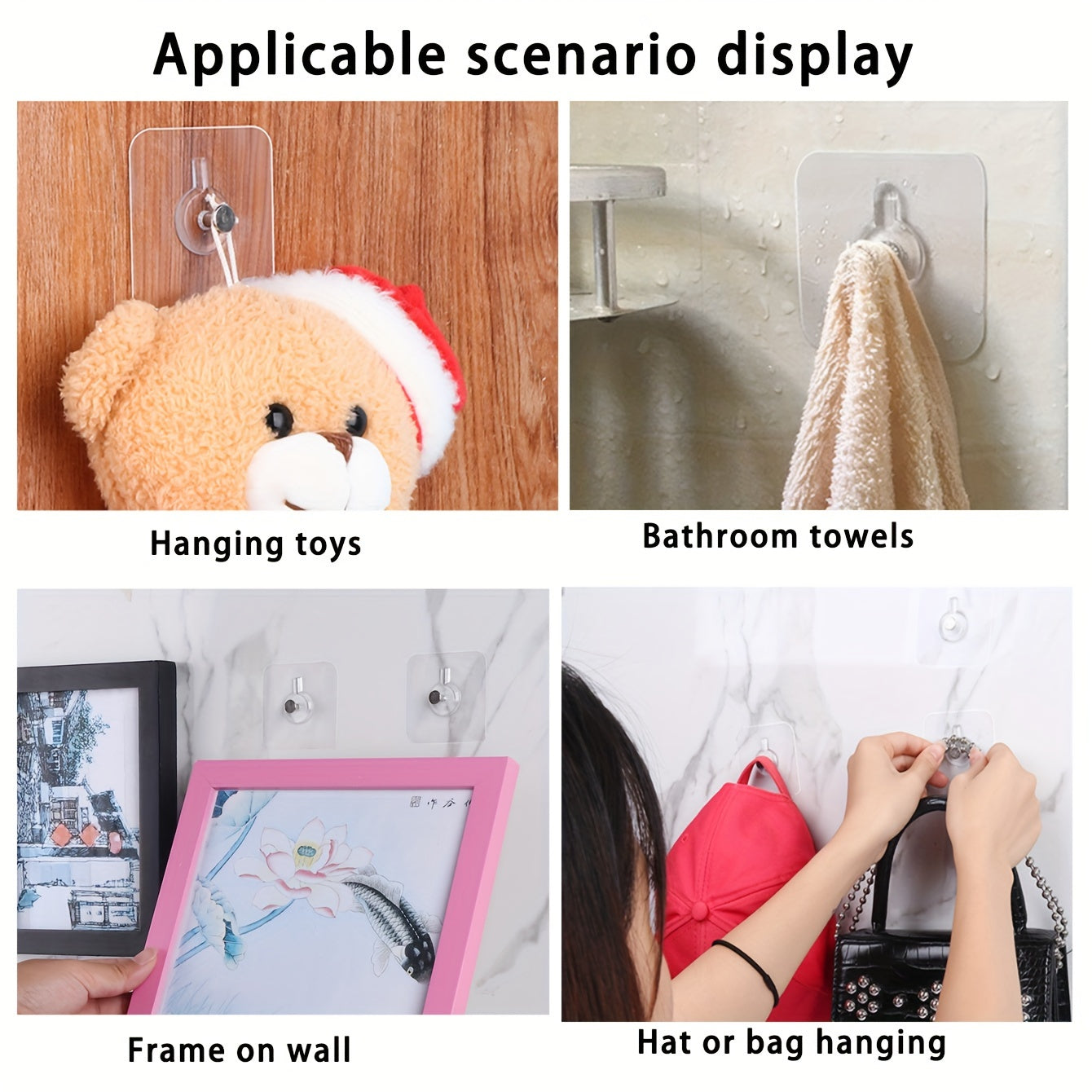 Durable hole-free wall hooks in 10/20/40pcs sets for strong load-bearing. Ideal for hanging various items like photo frames and wedding photos. Perfect for home decoration and organization, bathroom shelves, and as utility hooks.