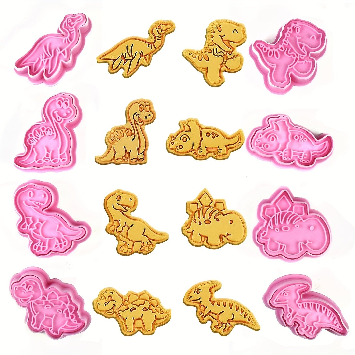 Set of 8 Dinosaur Cookie Cutters - Strong Plastic Molds and Stamps for Use at Home, in Bakeries, and Dessert Shops