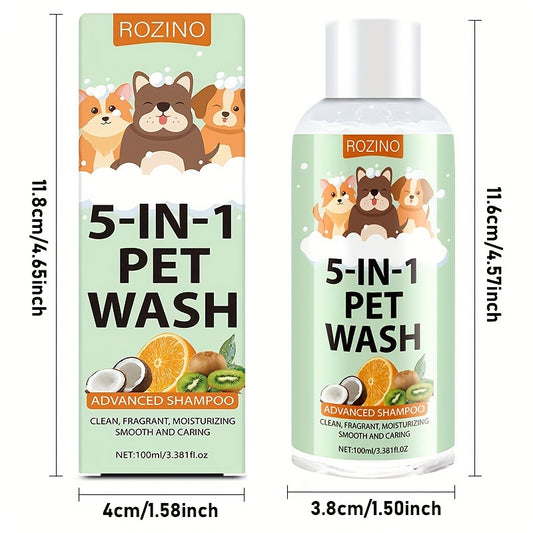 ROZINO 5-in-1 Pet Shampoo, 100ml - Gentle formula, moisturizing, fragrance, non-tear, long-lasting scent, tangle-free for all pet skin types.