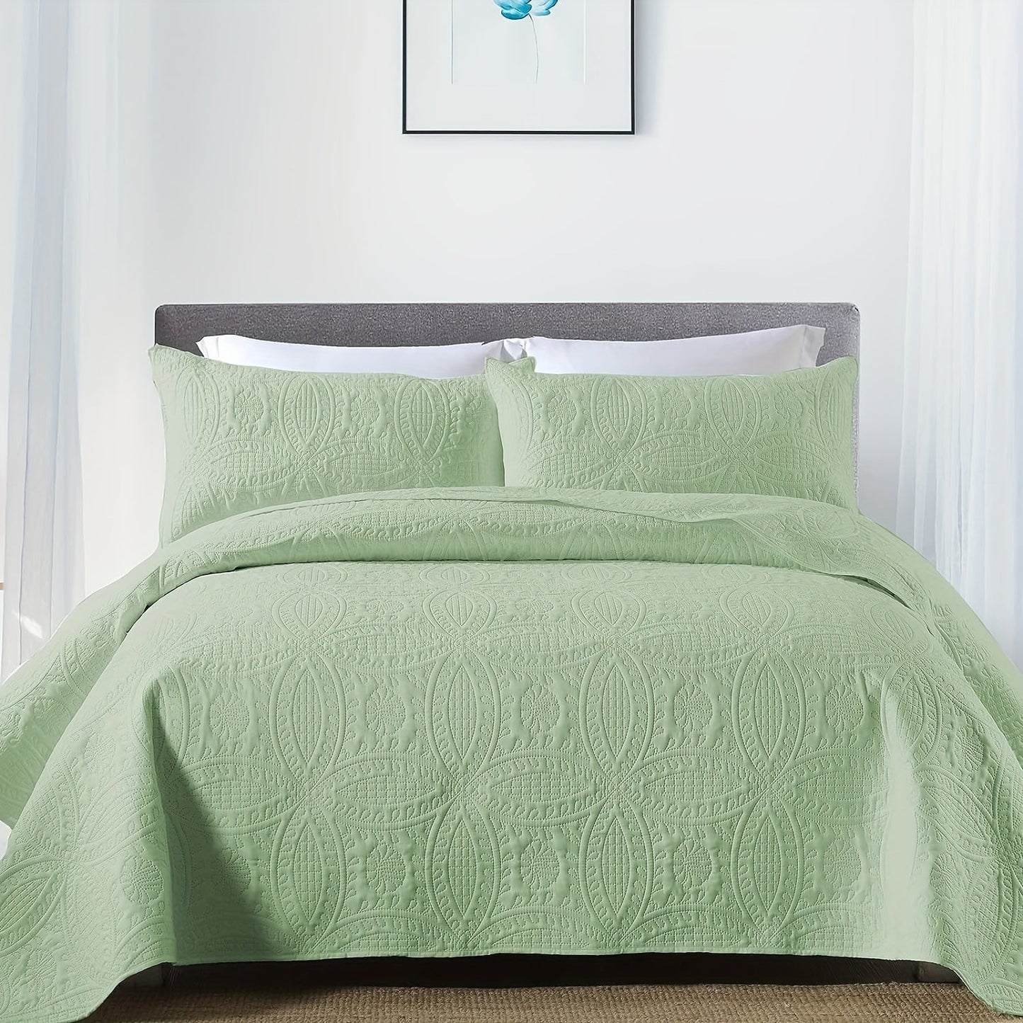 Comfortable and airy three-piece bedspread set featuring Soundwave technology and embossed circles design. Set includes one bedspread and two pillowcases, ideal for adding a touch of summer comfort to your bedroom or dorm decor. The perfect addition to