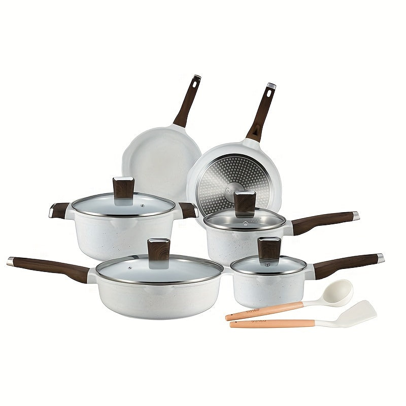 A set of 13 pieces of cast iron cookware featuring non-stick, coating-free, thickened pots and pans, perfect for cooking noodles, stews, and more on the stove.