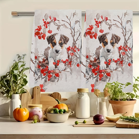 Set of 2 Ultra Soft Kitchen Towels featuring Cute Valentine's Puppy & Red Berries Design, with High Absorbency for Drying Dishes. Machine Washable, Modern Style, 40.64x60.96 cm - Ideal for Holiday Decor and Kitchen Use