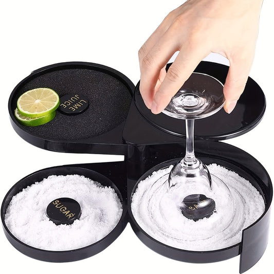 Black plastic 3-tier cocktail rimper for cocktails like Margaritas and Bloody Marys - bartender essential with sponge.