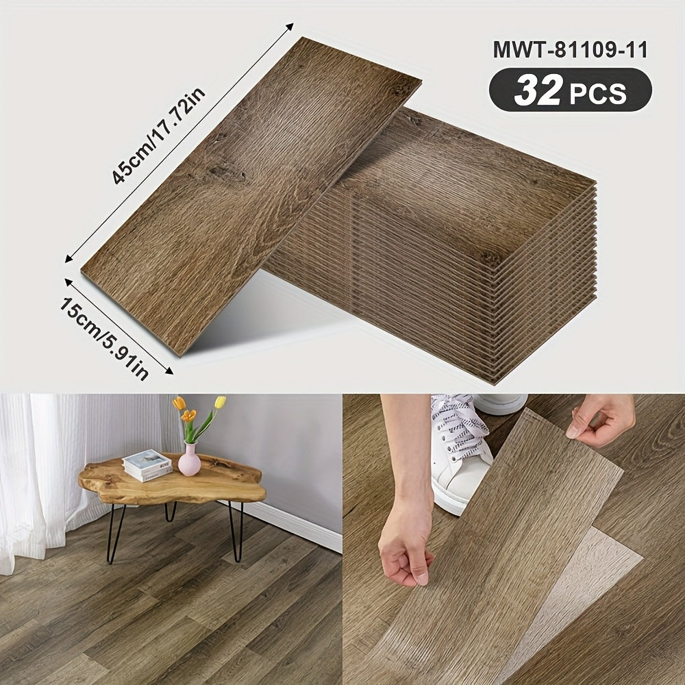 32 peel and paste floor tiles with wood grain design, 45cmx15cm, self-adhesive, waterproof, suitable for bedroom and home decor.