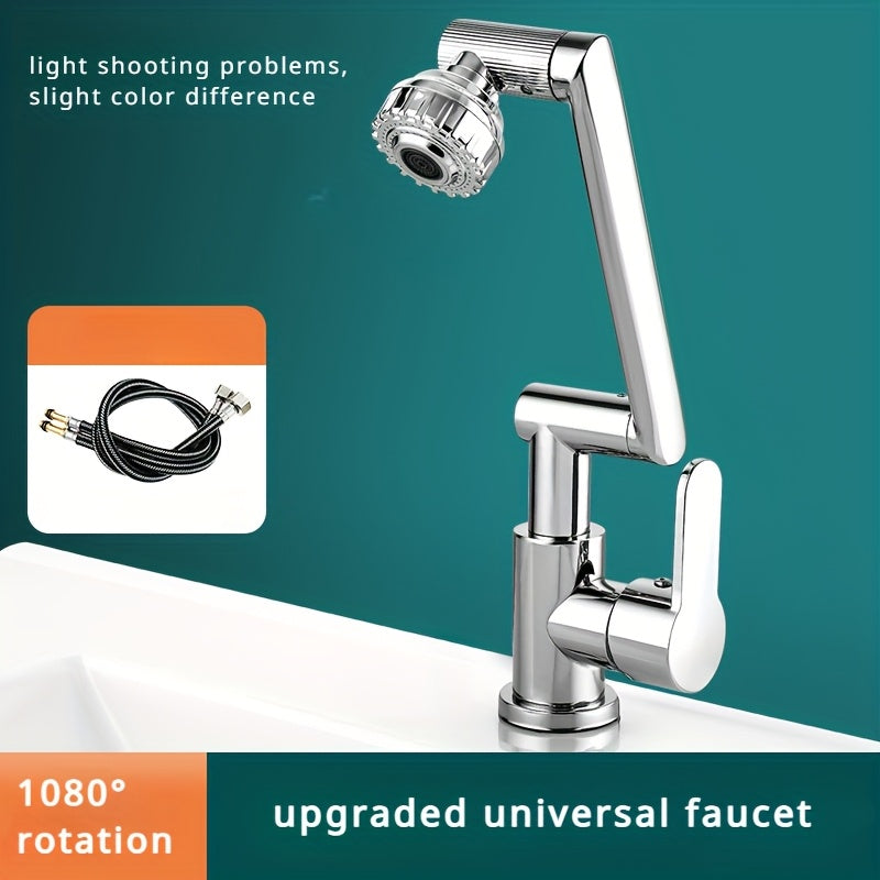 Luxury rotary RV bathroom faucet set with durable ABS construction, hot & cold water mixing, single hole deck mount, silvery plated finish, and water-saving design for easy installation.