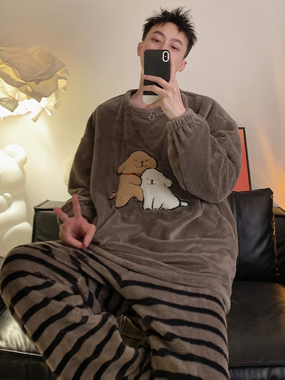 Warm Men's Cartoon Fleece Pajama Set for Fall/Winter home wear