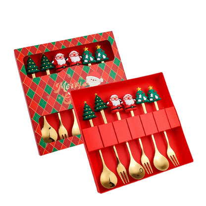 Set of 4/6 Christmas-themed stainless steel coffee spoons and forks in a red or green gift box for stirring beverages and desserts.