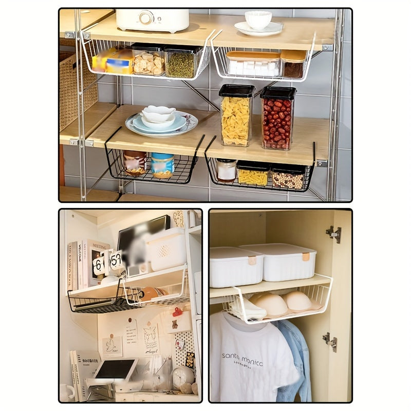 Kitchen organizer made of black cast iron - Features under shelf storage rack with paper holder and layered hanging basket for efficient space-saving.