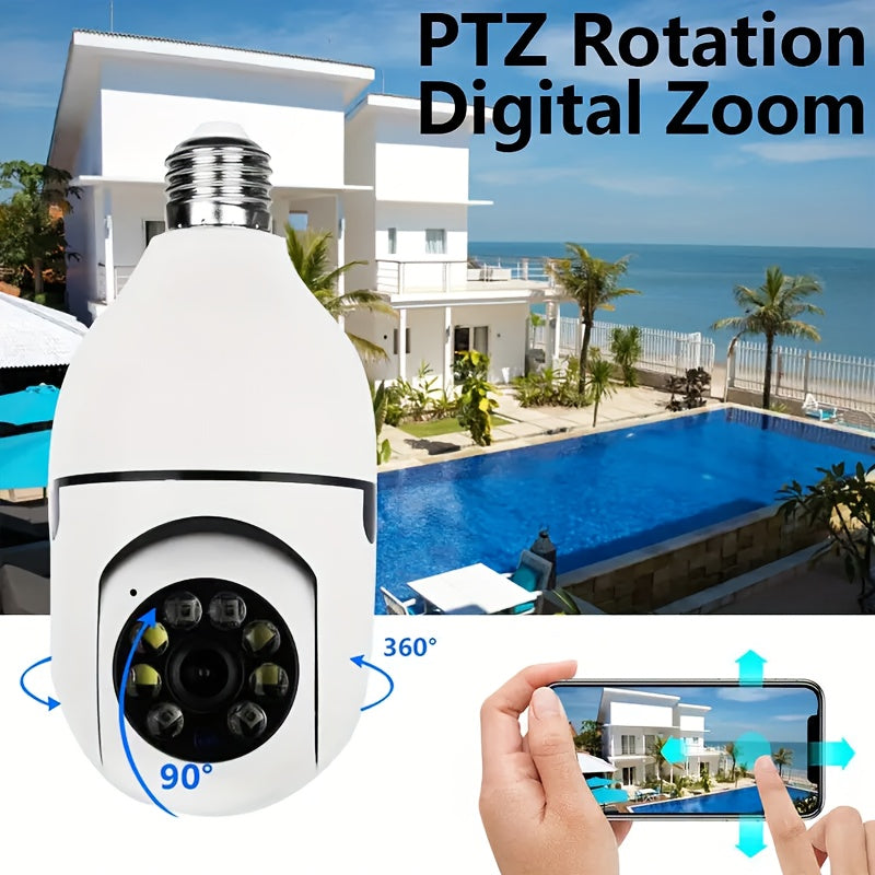 WiFi-enabled smart bulb camera with night vision capabilities, two-way audio, and a wide angle lens. Allows for real-time video streaming, remote monitoring, and compatibility with voice assistants. Ideal for ensuring the safety of youngsters and makes