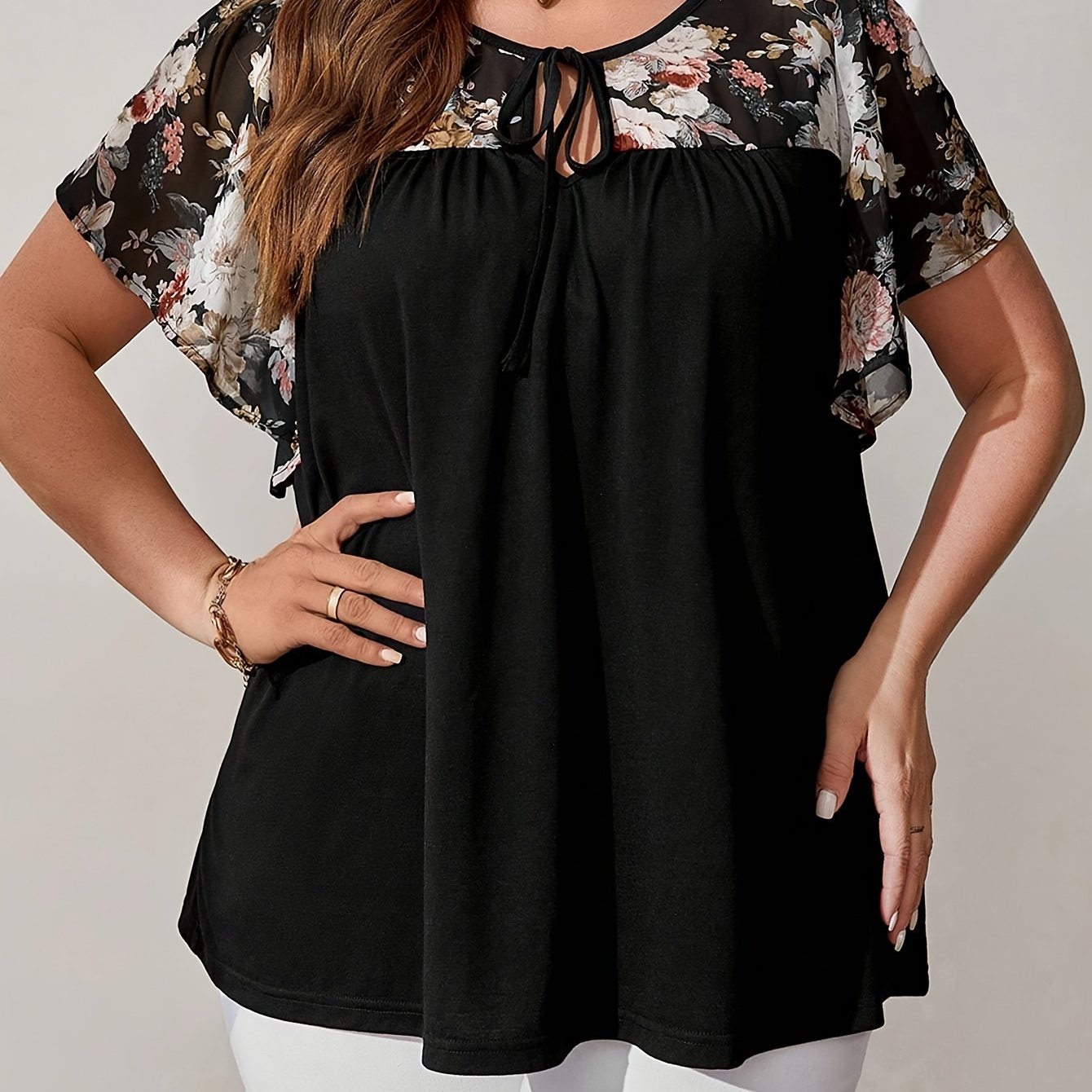 Plus Size Women's Elegant Black Floral Blouse with Tie-Front, Butterfly Sleeves, Lace-Like Fabric - Perfect for Spring & Summer.