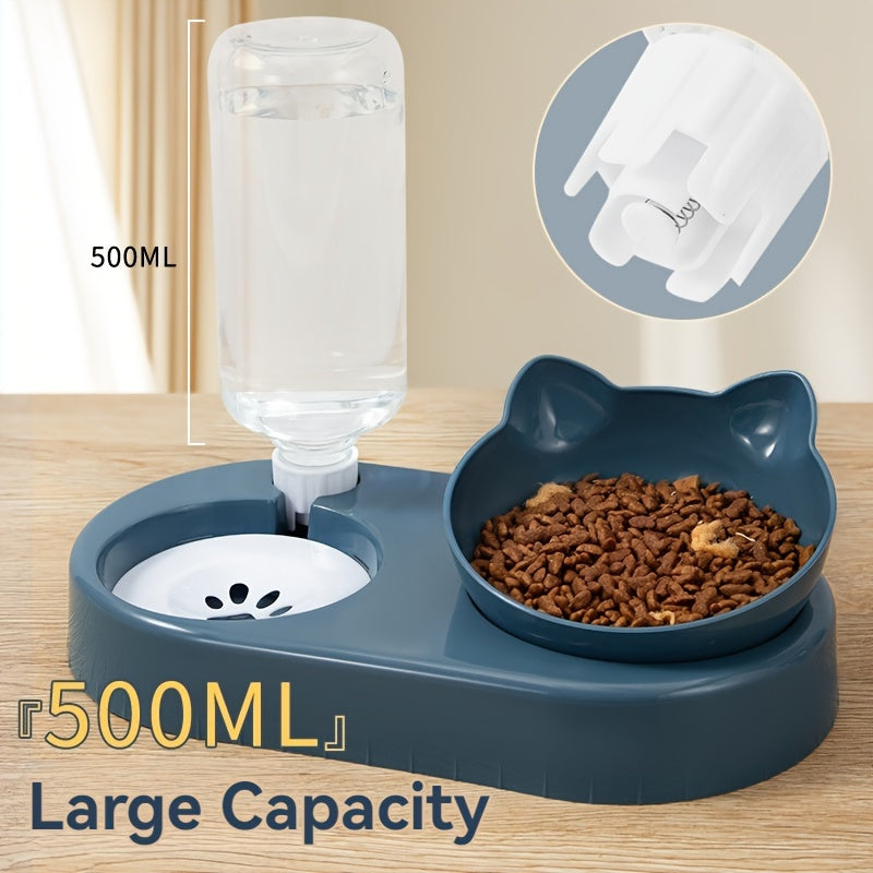 Automatic water dispenser with non-tip design for cats and small dogs, includes gravity-fed water bottle. Compact and sturdy blue plastic feeding station for pets.