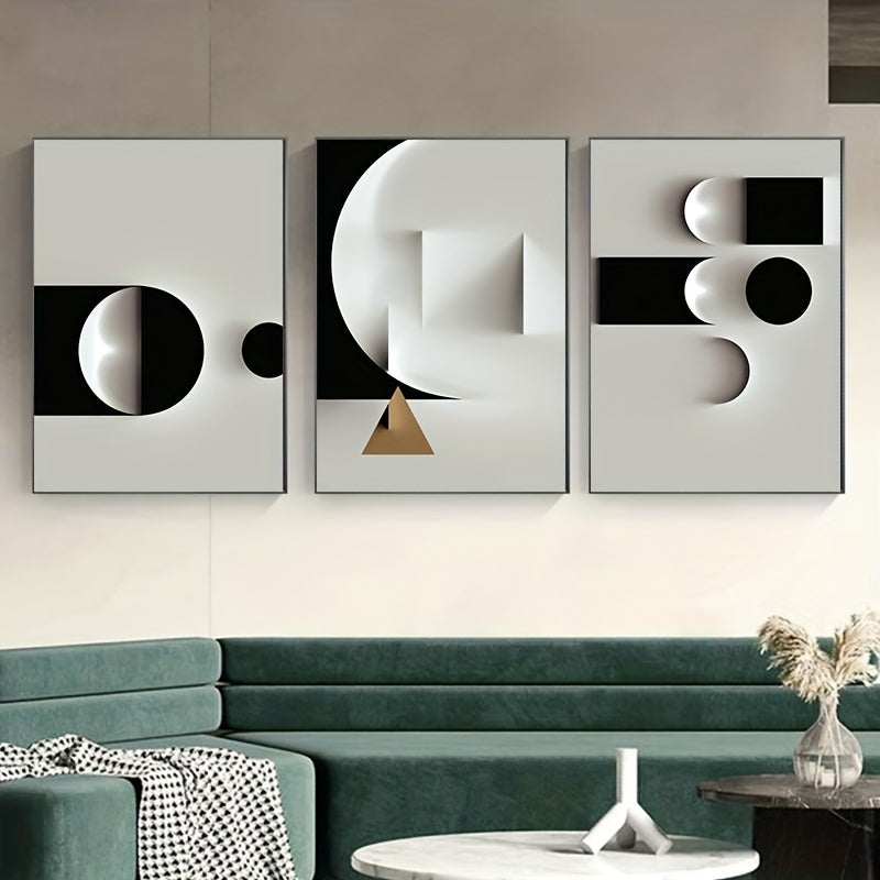 3 geometric canvas paintings in black and white, modern Nordic style, for living room home decor (no frame included)