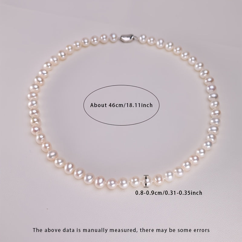 This S925 Silver Pearl Necklace features 8-9mm Natural Freshwater Pearls, perfect for everyday wear. Each pearl is unique in shape, color, and pattern placement, adding a touch of elegance to your outfit for any occasion.