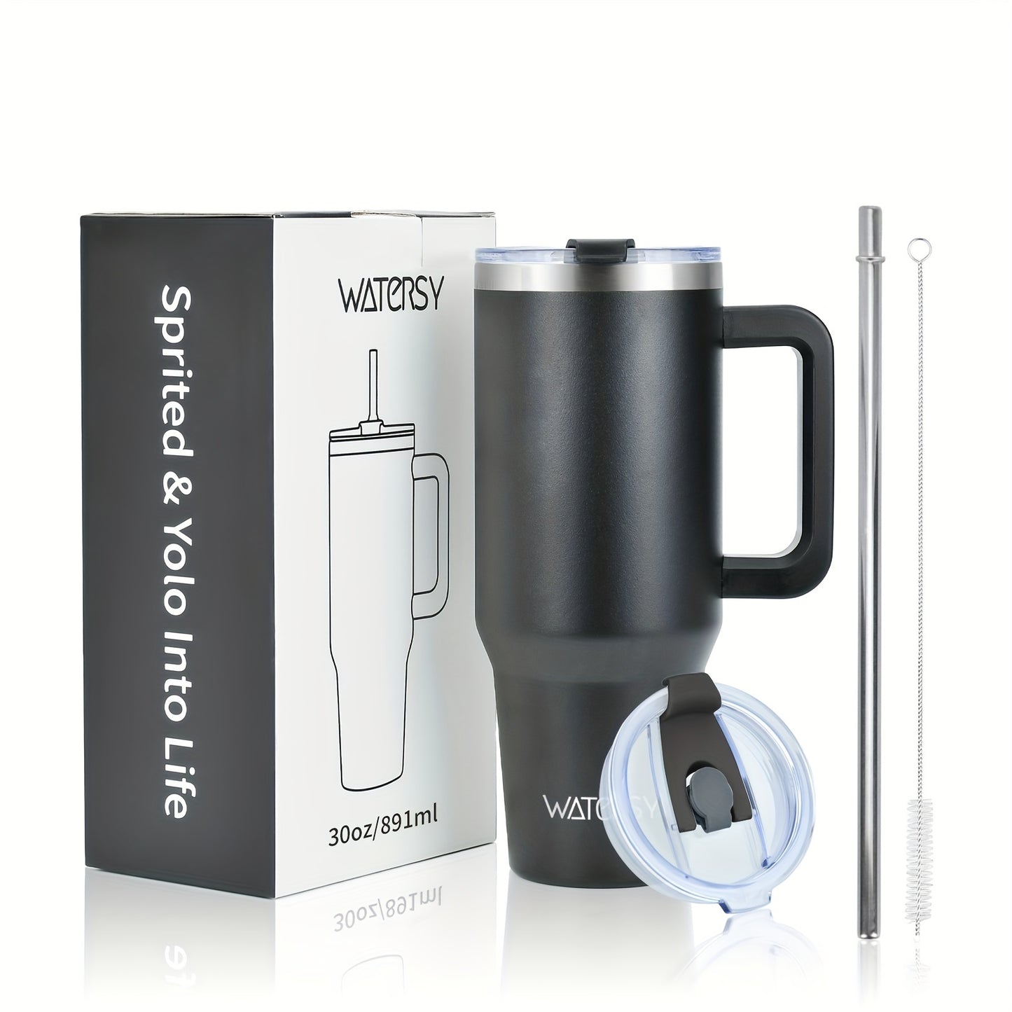 Watersy Stainless Steel Travel Mug - 30oz/40oz Insulated Coffee Tumbler with Straw Lid, Handle. Leak-Proof, Double Wall Vacuum Flask for Hot/Cold Drinks, BPA-Free, Ideal Holiday Gift.