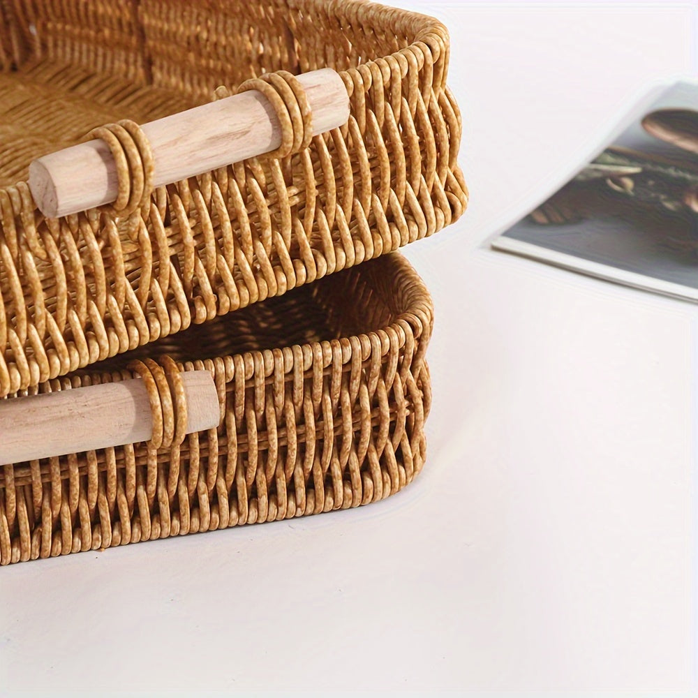 1 piece Woven Rattan Storage Basket with Wooden Handles, Modern Rectangular Tray, Stackable, for Various Uses in Home or Hotel.