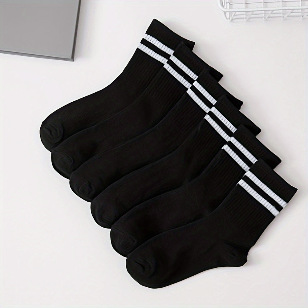 6 pairs of comfy striped print mid tube socks for women, perfect for sports and college style.