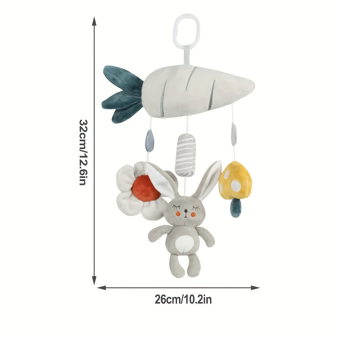 Soft plush animal wind chime, ideal for attaching to baby's car seat, stroller, or crib!