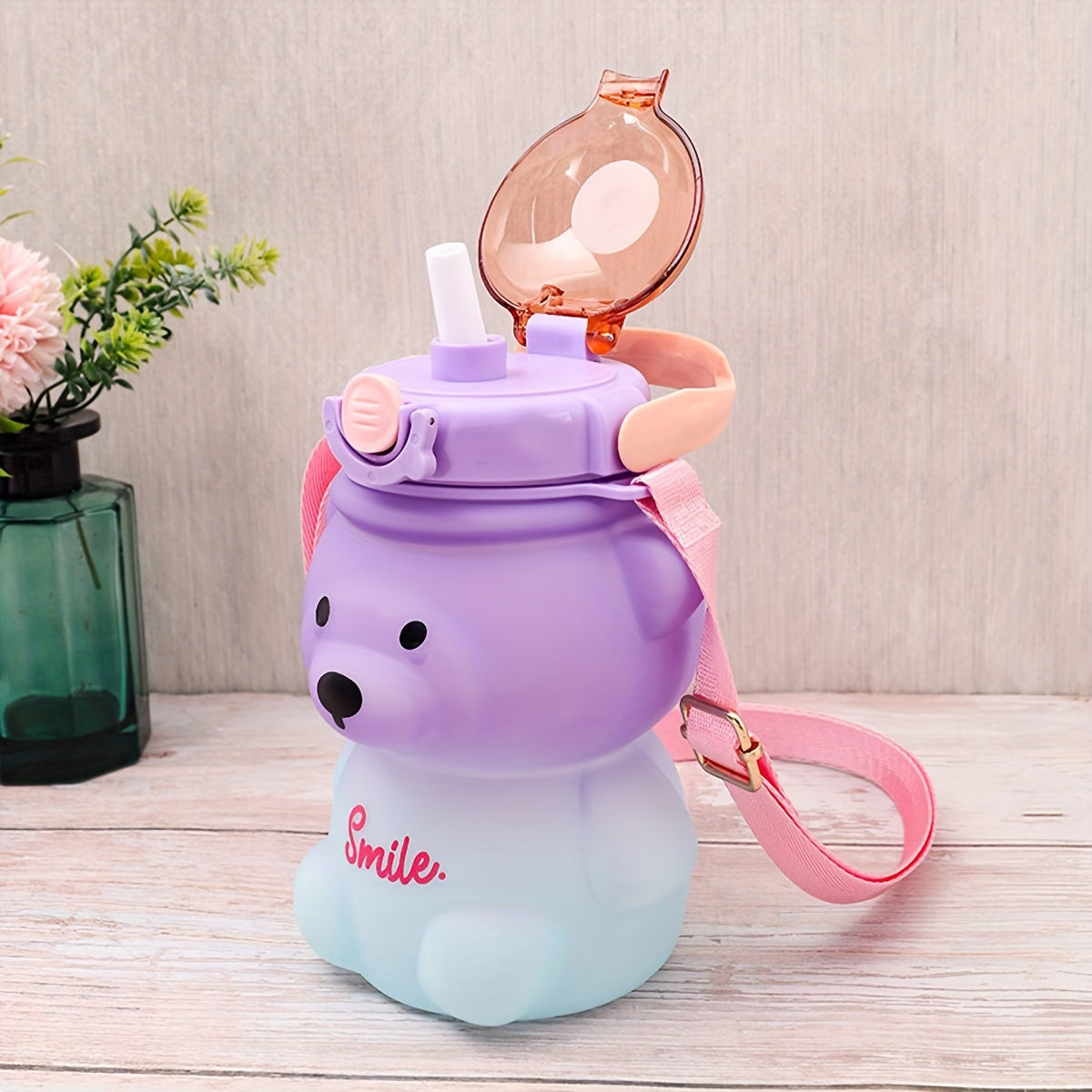 1000ml Transparent Bear Water Bottle with Straws, Backpack, and Handle; Hand wash only, PC Material, Leak-proof, PVC-free.