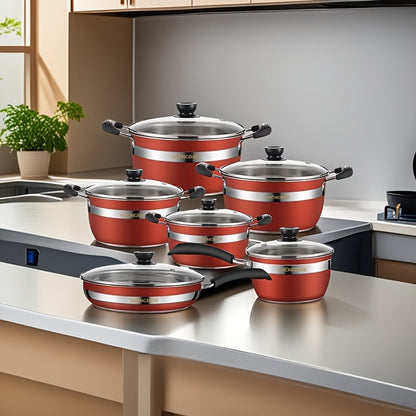 Set of 6: Budget-Friendly Hot Pot and Household Stainless Steel Cookware Set, including Frying Pan, Soup Pot, and Induction Cooker, in Colorful Kitchenware Design.