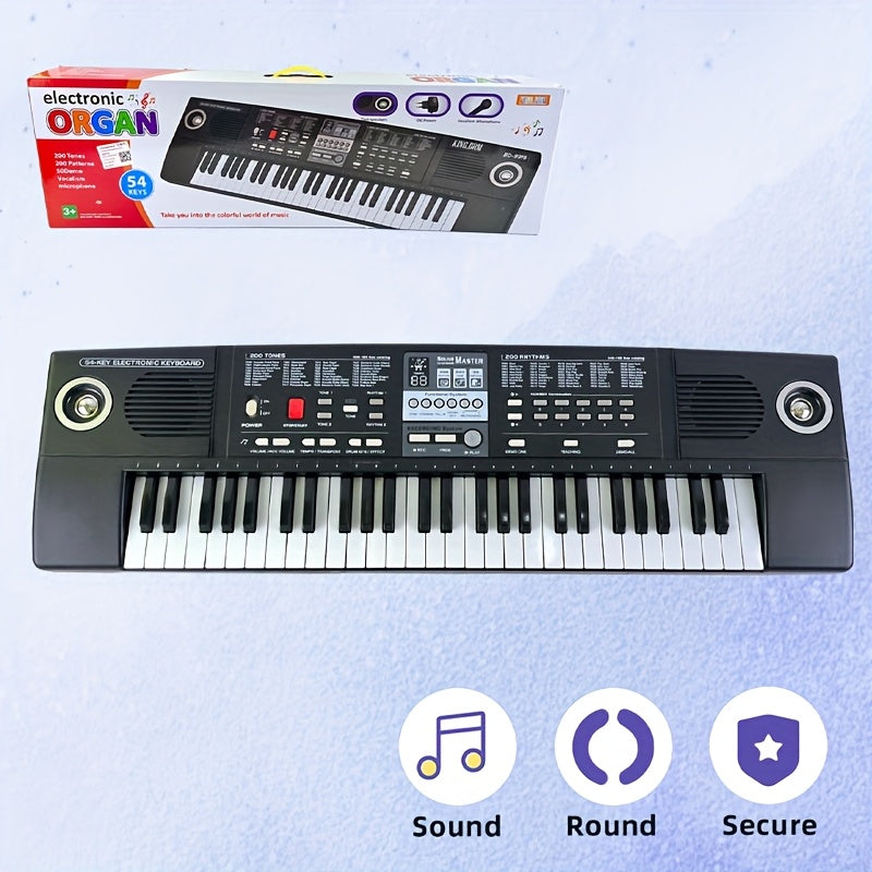 Children's electronic keyboard with microphone, 200 tones & rhythms, 50 demo songs, 5 drum/animal sounds, recording & playback, dual speakers, USB cable, battery/USB powered, educational