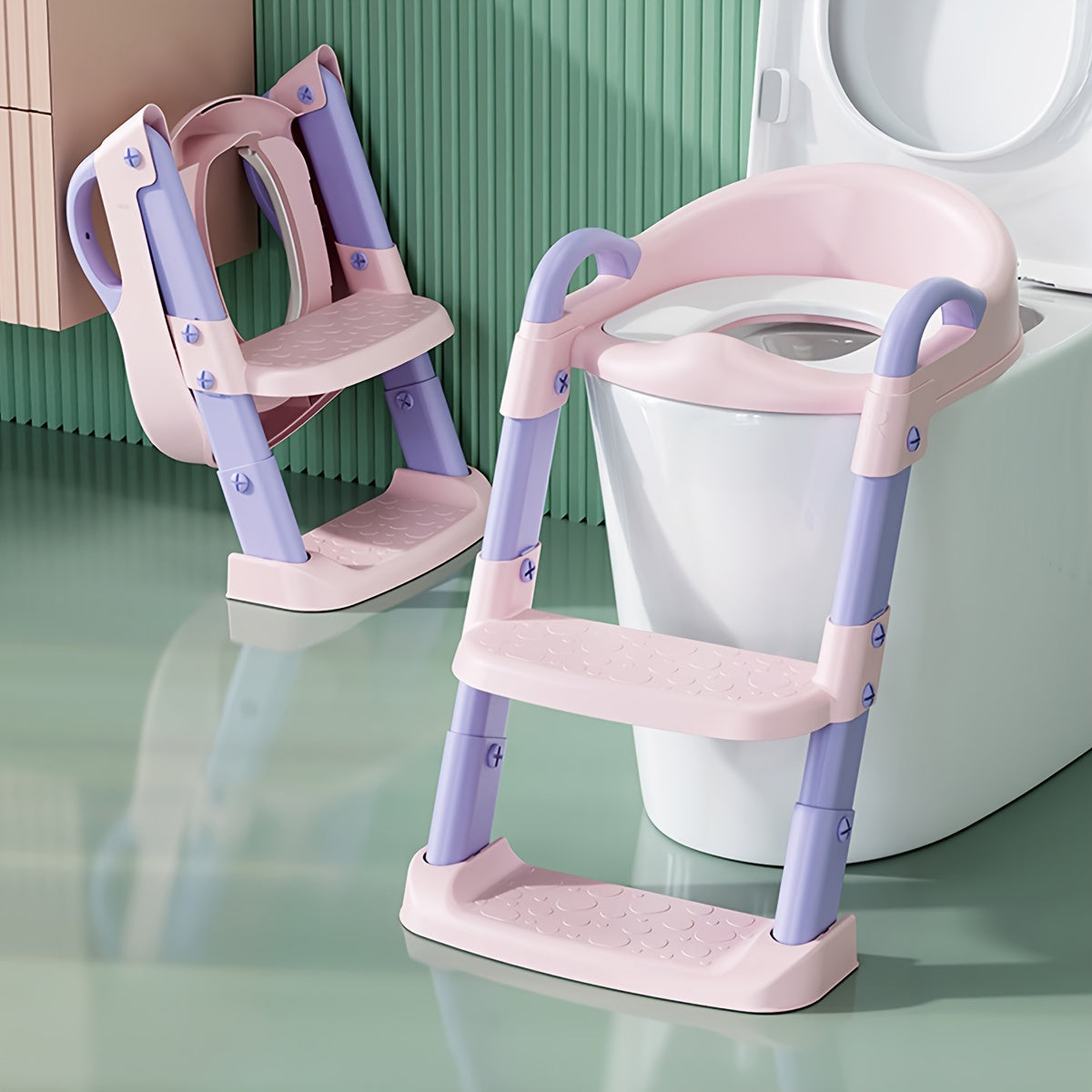 Adjustable height step stool with safety handles for kids potty training, featuring a ladder and foldable plastic chair suitable for boys and girls.