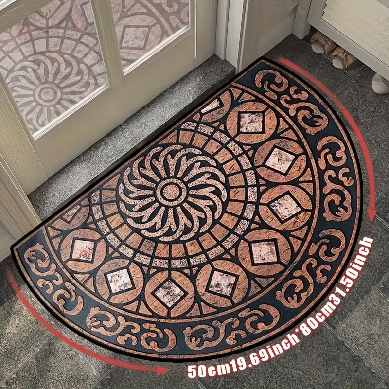 Add a touch of elegance to your entryway with our chic semi-circular front door mat. This chunky, durable mat is stain-resistant and features a non-slip back, making it perfect for use on entrance carpets in your porch or interior spaces. Elevate your