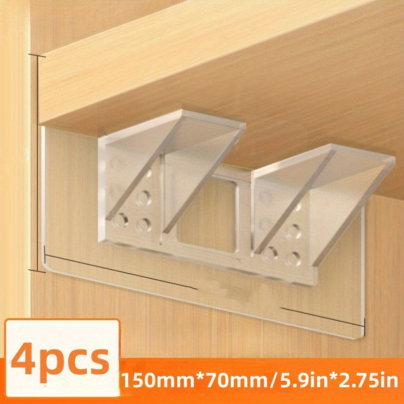 4 plastic shelf support brackets with adhesive pads for easy installation, suitable for glass bookshelves and partitioned storage.