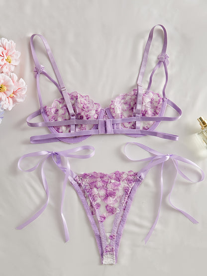 Elegant floral embroidered sheer mesh lingerie set with lace bralette and hipster panties