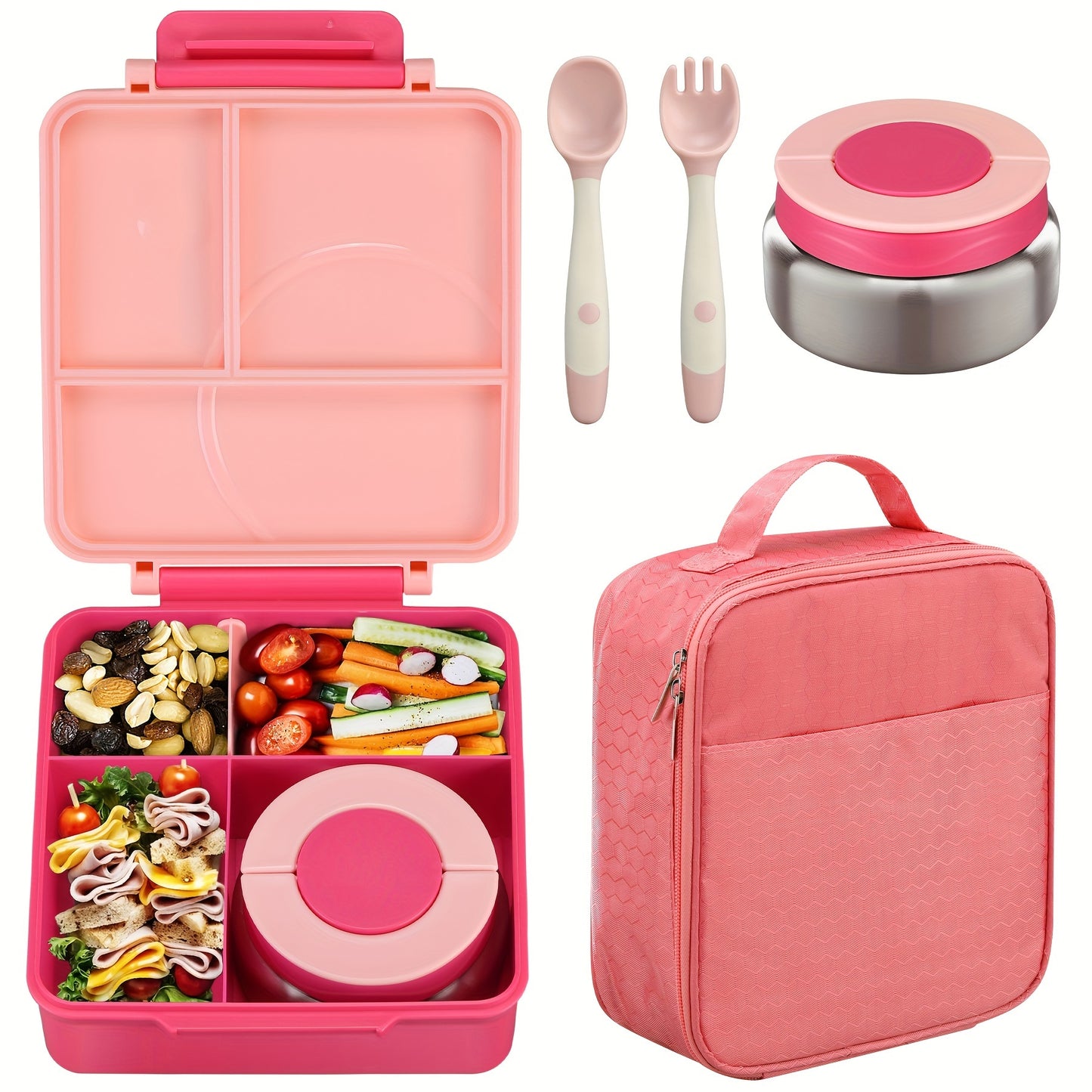 Bento lunch box set with 8oz soup thermo, leak-proof containers with 4 compartments, kids hot food jar, and insulated lunch bag.