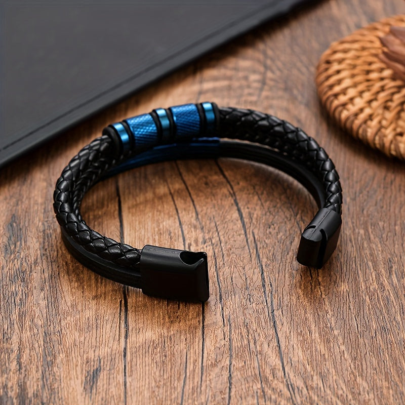 A stylish men's leather bracelet crafted from durable black stainless steel, accented with a touch of punk flair. Featuring a magnetic buckle closure and intricately handwoven details, this versatile accessory is perfect for any business or casual