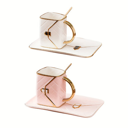 Chic pink and white teacup set with gold handles, quilted design, perfect for afternoon tea and desserts. Ideal gift, high-quality, handwash only.