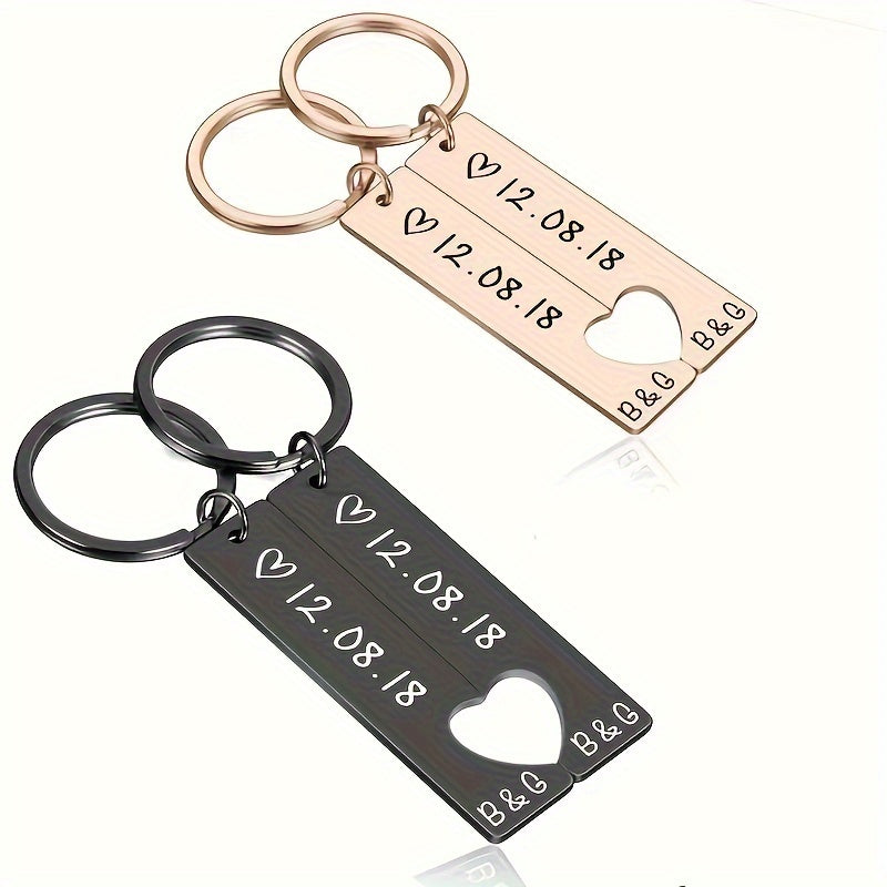 Personalized Hipster Style Couple Keychains with Date, made of high-quality stainless steel. Ideal Gift for Anniversary, Birthday, or Father's Day.