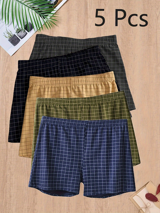 5 pieces of men's cotton plaid boxer briefs with breathable, comfort fit and elastic waistband.