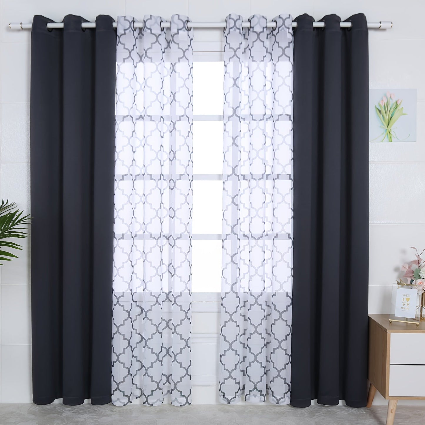 Blackout Curtains and Sheer Panels with Snowflake Pattern, Including Rods, Indoor Set of 4, Weighing 200 Grams in Total.