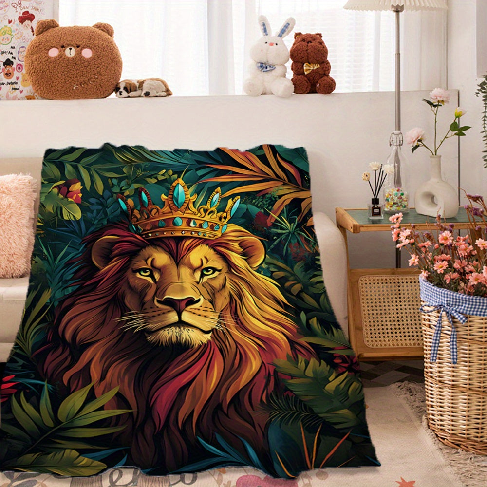 Get cozy with this contemporary style Jungle Lion Print Flannel Blanket! Perfect for all seasons, this soft throw is great for bed, sofa, or car. Made of digital print polyester, it is machine washable and weighs 200-250gsm. Makes an ideal gift for