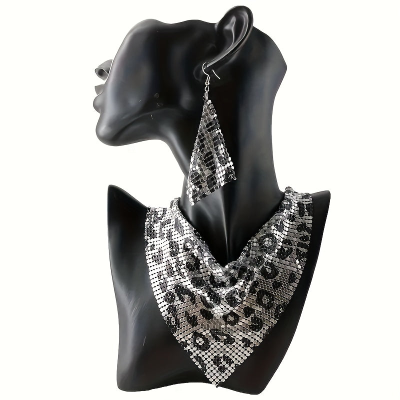 Set of stylish retro triangle scarf, shimmering silky scarf with sequins, elaborate false collar, bold leopard print statement collarbone necklace and earrings for women with a distinctive personality.