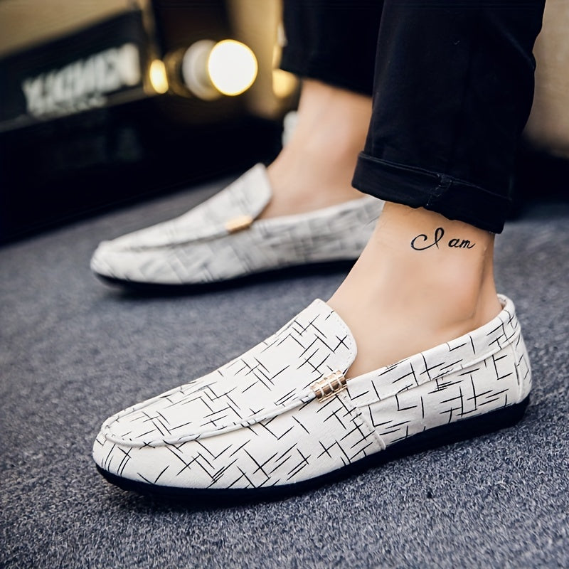 Men's slip-on loafers with stylish black and white geometric pattern, breathable mesh upper, rubber sole, and round toe. Perfect for outdoor wear in all seasons. Durable and comfortable