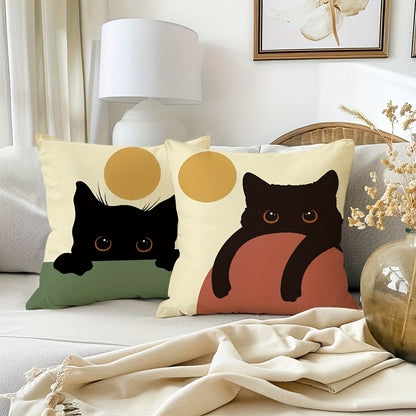 Set of 4 cat cartoon throw pillow covers, linen blend with zipper closure, machine washable, for various room types, 45.72x45.72 cm.